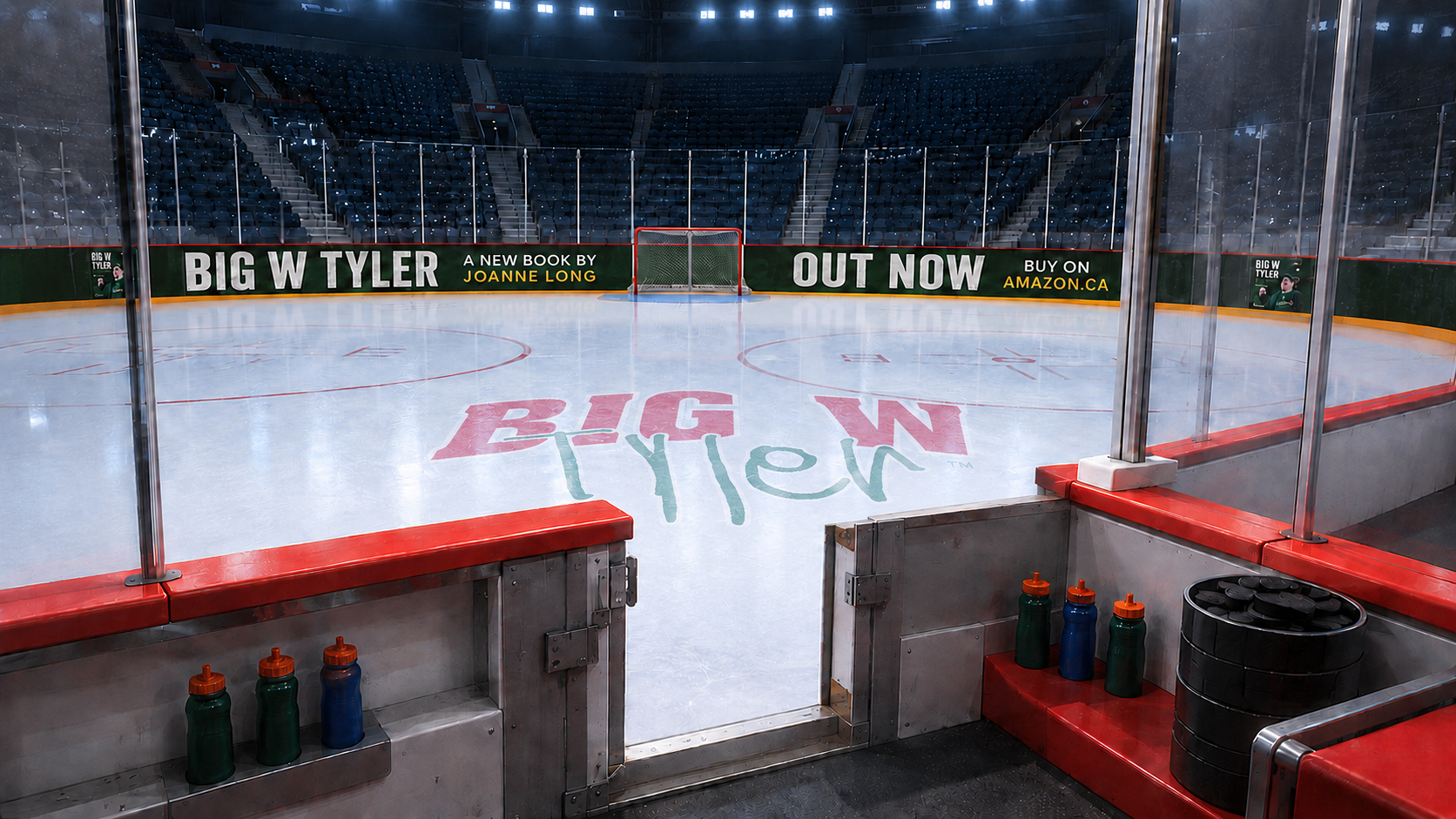 3D hockey rink seen from the bench with Big W Tyler board advertising and centre-ice logo